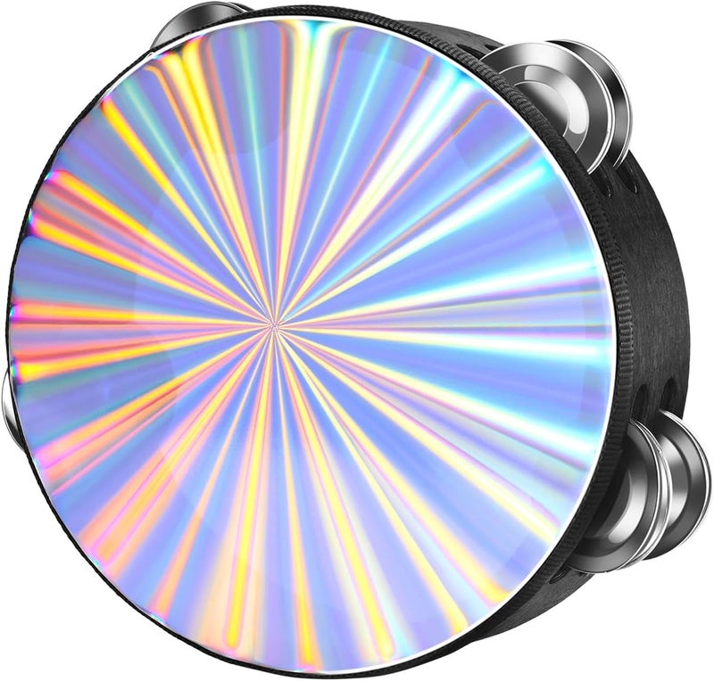 Flexzion Wood Church Tambourine Instrument - 6 Inch Reflective Hand Drums for Adults, Single Row Metal Tambourine for Church, Parties, & Musical Events - Image 1